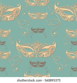 Seamless pattern (texture) with abstract decorative mask (symbol of the carnival in Venice). Suitable for design: fabric, cloth, wallpaper, wrapping, packaging. Vector illustration.