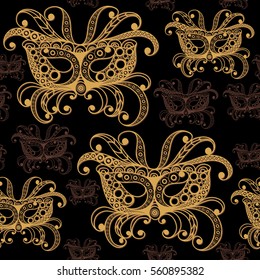 Seamless pattern (texture) with abstract decorative mask (symbol of the carnival in Venice). Suitable for design: fabric, cloth, wallpaper, wrapping, packaging. Vector illustration.