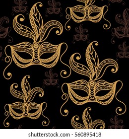 Seamless pattern (texture) with abstract decorative mask (symbol of the carnival in Venice). Suitable for design: fabric, cloth, wallpaper, wrapping, packaging. Vector illustration.