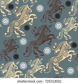 Seamless pattern (texture) with abstract decorative unicorn (monoceros). Mythical creature. Suitable for design: fabric, cloth, wallpaper, wrapping, packaging. Vector illustration.