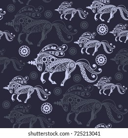 Seamless pattern (texture) with abstract decorative unicorn (monoceros). Mythical creature. Suitable for design: fabric, cloth, wallpaper, wrapping, packaging. Vector illustration.