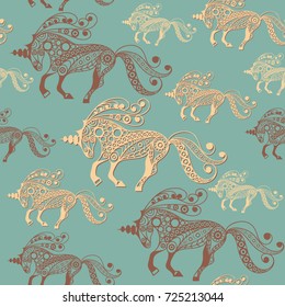 Seamless pattern (texture) with abstract decorative unicorn (monoceros). Mythical creature. Suitable for design: fabric, cloth, wallpaper, wrapping, packaging. Vector illustration.