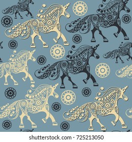 Seamless pattern (texture) with abstract decorative unicorn (monoceros). Mythical creature. Suitable for design: fabric, cloth, wallpaper, wrapping, packaging. Vector illustration.