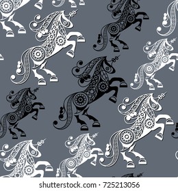 Seamless pattern (texture) with abstract decorative unicorn (monoceros). Mythical creature. Suitable for design: fabric, cloth, wallpaper, wrapping, packaging. Vector illustration.