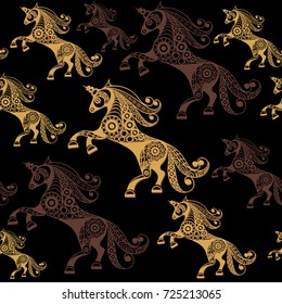 Seamless pattern (texture) with abstract decorative unicorn (monoceros). Mythical creature. Suitable for design: fabric, cloth, wallpaper, wrapping, packaging. Vector illustration.