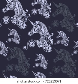 Seamless pattern (texture) with abstract decorative unicorn (monoceros). Mythical creature. Suitable for design: fabric, cloth, wallpaper, wrapping, packaging. Vector illustration.