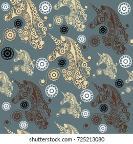 Seamless pattern (texture) with abstract decorative unicorn (monoceros). Mythical creature. Suitable for design: fabric, cloth, wallpaper, wrapping, packaging. Vector illustration.