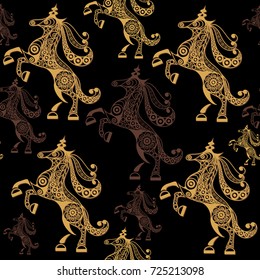 Seamless pattern (texture) with abstract decorative unicorn (monoceros). Mythical creature. Suitable for design: fabric, cloth, wallpaper, wrapping, packaging. Vector illustration.