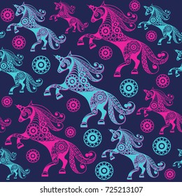 Seamless pattern (texture) with abstract decorative unicorn (monoceros). Mythical creature. Suitable for design: fabric, cloth, wallpaper, wrapping, packaging. Vector illustration.