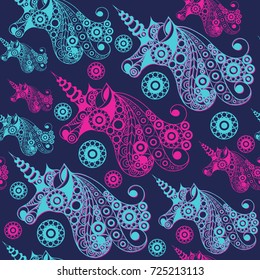 Seamless pattern (texture) with abstract decorative unicorn (monoceros). Mythical creature. Suitable for design: fabric, cloth, wallpaper, wrapping, packaging. Vector illustration.