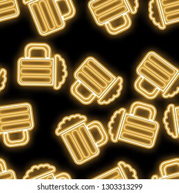 Seamless pattern, texture abstract neon bright glowing glowing yellow from the icons for the bar from the glasses of craft craft beer and copy space on a black background. Vector illustration.