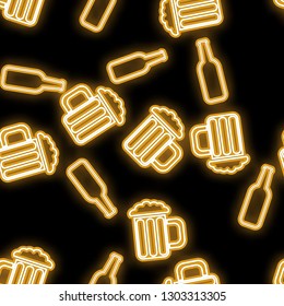 Seamless pattern, texture abstract neon bright glowing glowing yellow from icons for bar from bottles and glasses of craft beer and copy space on black background. Vector illustration.