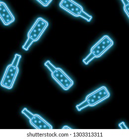 Seamless pattern, texture abstract neon bright glowing glowing blue from the bar icons from glass bottles of craft beer and copy space on a black background. Vector illustration.