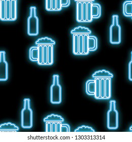 Seamless pattern, texture abstract neon bright glowing flashing blue from icons for bar from bottles and glasses of craft beer and copy space on black background. Vector illustration.