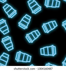 Seamless pattern, texture abstract neon bright glowing flashing blue from icons, glasses with hot coffee, tea and copy space on black background. Vector illustration.