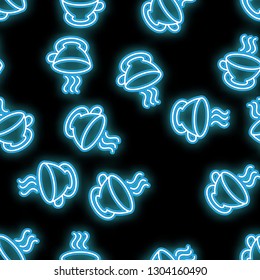 Seamless pattern, texture abstract neon bright glowing flashing blue from icons, glasses with hot coffee, tea and copy space on black background. Vector illustration.