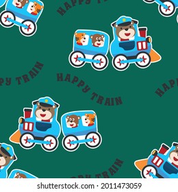 Seamless pattern texture with animals cartoon on train, For fabric textile, nursery, baby clothes, background, textile, wrapping paper and other decoration.
