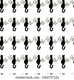 Seamless pattern. Texture with back and white cats curved tails.