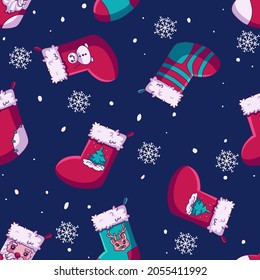 Seamless pattern texture background with christmas winter decoration objects elements items for xmas design. The pattern with Christmas socks is a great solution for wrapping paper
