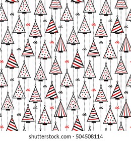 Seamless Pattern Texture Background with christmas trees in style of self made decoration of stitched patches hanging on garland rope in black, white and red color