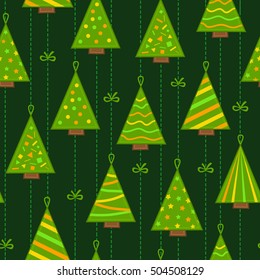 Seamless Pattern Texture Background with christmas trees in style of self made decoration of stitched patches hanging on garland rope