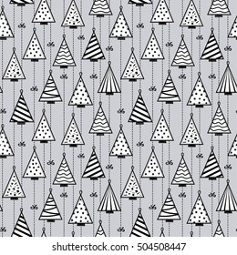 Seamless Pattern Texture Background with christmas trees in style of self made decoration of stitched patches hanging on garland rope in black and white color