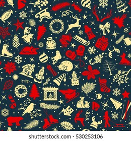Seamless pattern texture background with christmas winter decoration objects elements items for xmas design in dark blue gold and red colors