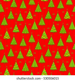 Seamless Pattern Texture Background with christmas trees in style of self made decoration of stitched patches hanging on garland rope