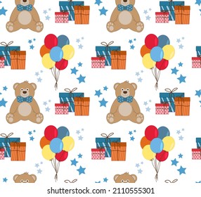 Seamless pattern texture background. Cute cartoon bears with balloons and presents. Birthday template with teddy bear