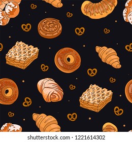 Seamless pattern. Texture, background for decor. Bakery, baking shop, food, goodies. Decoration for a restaurant or cafe. Vector