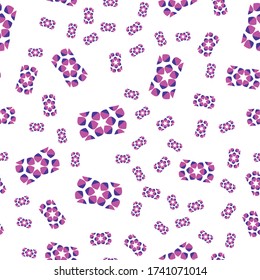 Seamless pattern texture background with geometric shapes, colored and rotated in different sizes in violet, purple and white colors.