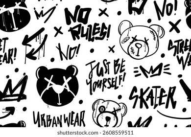 Seamless pattern texture background. Grunge bear emoji face, crown, arrow, words drawing. Textured vector illustration design for fabrics, fashion, textile, wallpapers.