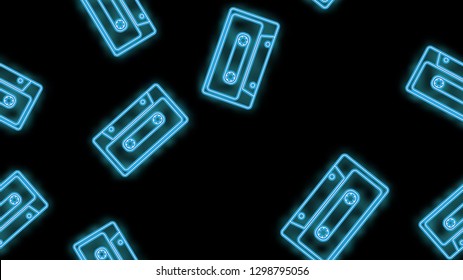 Seamless pattern, texture of beautiful abstract neon bright blue glowing old retro vintage hipster music audio cassettes from the 80s, 90s and copy space on a black background. Vector.