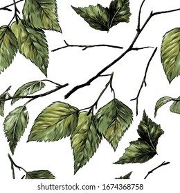 seamless pattern texture with birch branches and leaves, sketch vector graphics color illustration on a white background