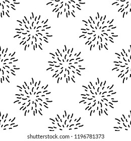 Seamless pattern texture with black flowers, fireworks or stars made of shabby strokes. White background. vector illustration with twigs. Perfect for printing on fabric, paper or wrapping