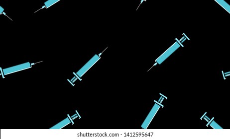 Seamless pattern texture of blue disposable sharp medical pharmacetic syringe for pricks with medicine, drugs on a black background. Vector illustration