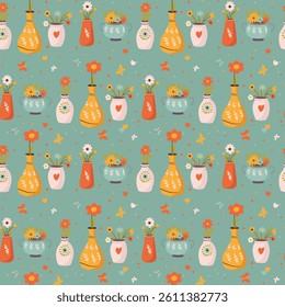 seamless pattern, texture, bright vases with flowers, butterflies and hearts for spring. vector