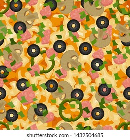 Seamless pattern with texture of capricciosa pizza with ham, olives, peppers and mushrooms. Pizza menu. For packaging, advertisements, menu. Vector illustration. Realistic.