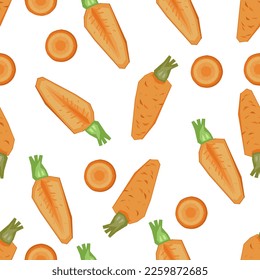 Seamless pattern texture with carrots whole roots and slices, flat vector illustration on white background. Print design for kitchen and clothing fabrics, food packs and vegetables wrapping paper.