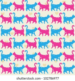 Seamless pattern. Texture with colorful cats with curved tails. Can be used for textile, website background, book cover, packaging.