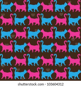 Seamless pattern. Texture with colorful cats with curved tails. Can be used for textile, website background, book cover, packaging.
