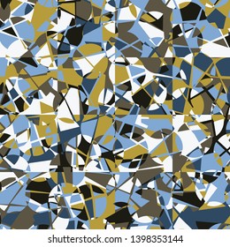 Seamless pattern. The texture consists of a checkered substrate intersecting with randomly arranged broken circles. Camouflage style. Multicolor.