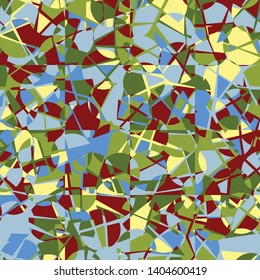 Seamless pattern. The texture consists of a checkered substrate intersecting with randomly arranged broken circles. Camouflage style. Multicolor.