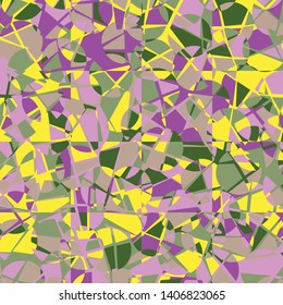 Seamless pattern. The texture consists of a checkered substrate intersecting with randomly arranged broken circles. Camouflage style. Multicolor.