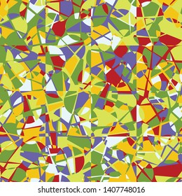 Seamless pattern. The texture consists of a checkered substrate intersecting with randomly arranged broken circles. Camouflage style. Multicolor.