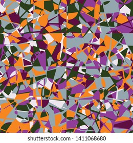 Seamless pattern. The texture consists of a checkered substrate intersecting with randomly arranged broken circles. Camouflage style. Multicolor.