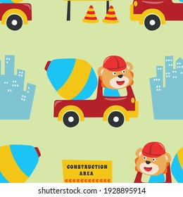 Seamless pattern texture with contruction vehicle with cute litle animal driver. For fabric textile, nursery, baby clothes, background, textile, wrapping paper and other decoration.