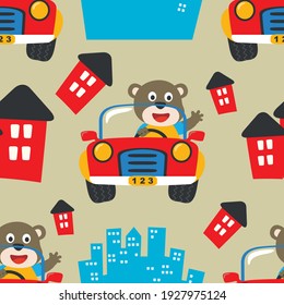 Seamless pattern texture with Cute bear cartoon having fun driving a city car on sunny day. For fabric textile, nursery, baby clothes, background, textile, wrapping paper and other decoration.