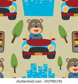 Seamless pattern texture with Cute bear cartoon having fun driving a city car on sunny day. For fabric textile, nursery, baby clothes, background, textile, wrapping paper and other decoration.