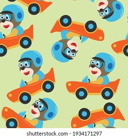 Seamless pattern texture with Cute bear cartoon driving a vintage race car. For fabric textile, nursery, baby clothes, background, textile, wrapping paper and other decoration.